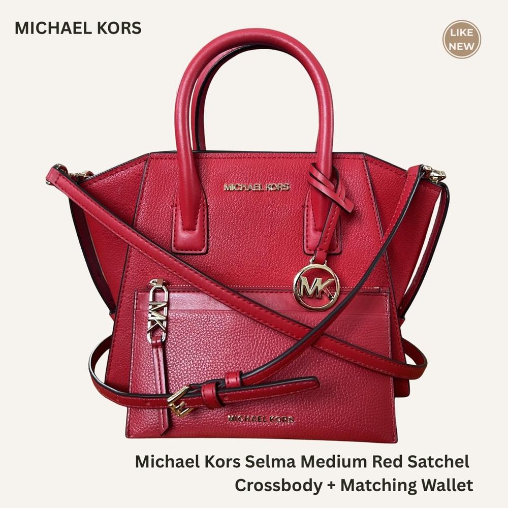 Michael Kors Selma Medium Red Satchel Crossbody + Matching Wallet